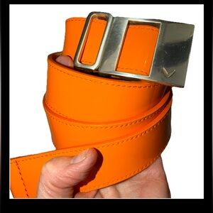 Volvik BRIGHT ORANGE Genuine Leather Cowhide Belt, SILVER hook Buckle Adjustable